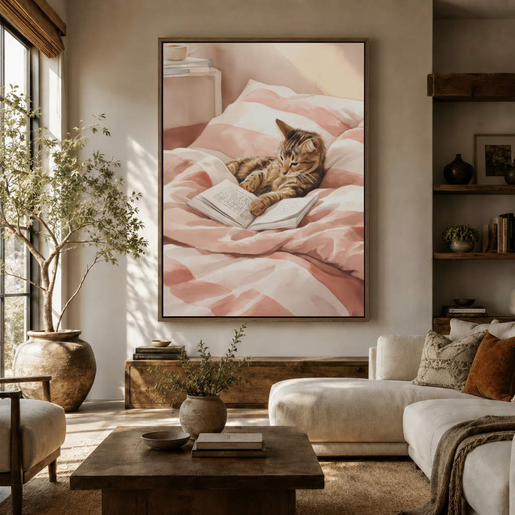 Cozy tabby cat wall art in float frame styled above dark walnut sideboard in neutral living room