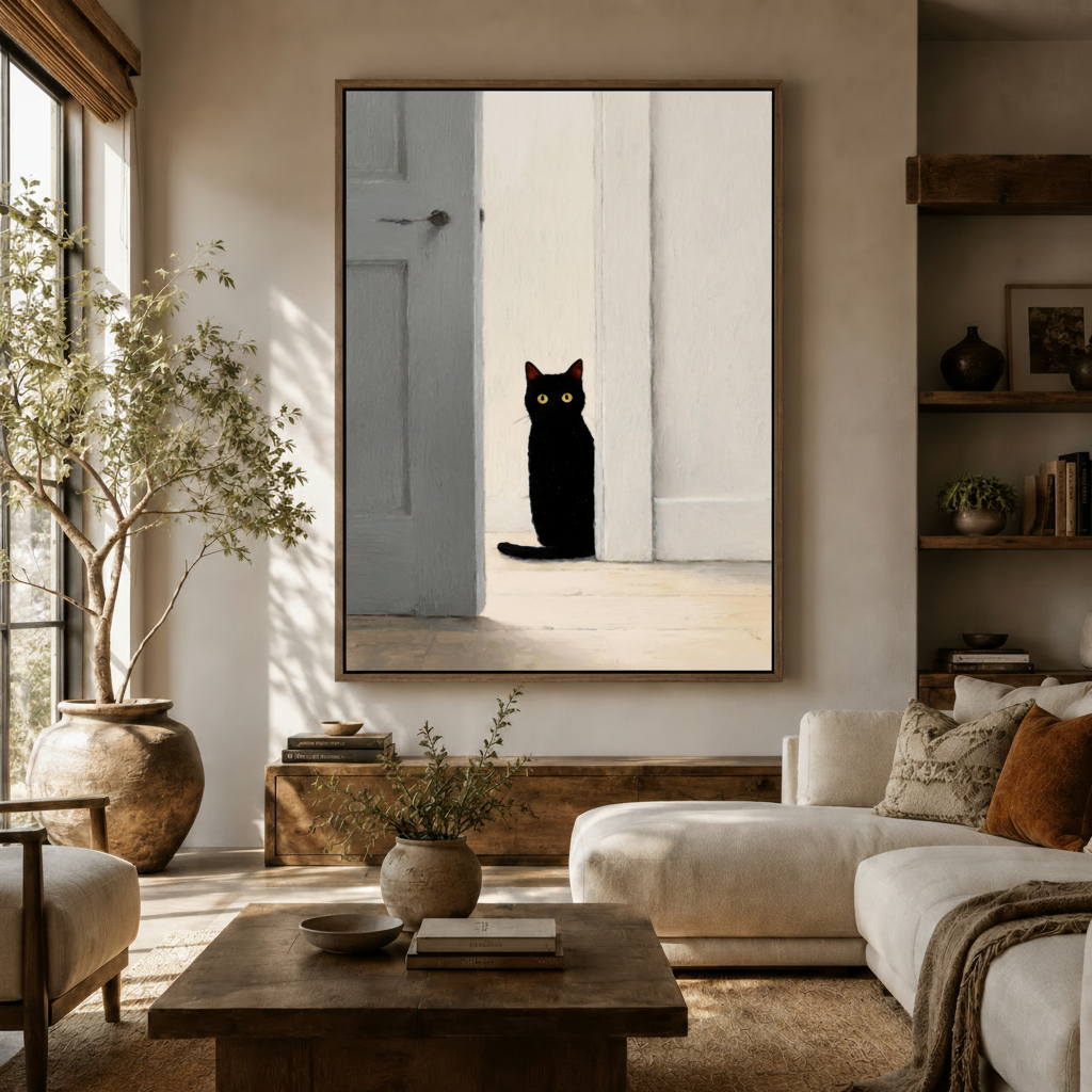 Solitary black cat wall art in float frame styled above dark walnut sideboard in neutral living room