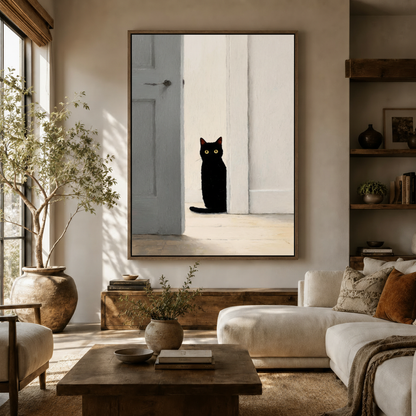 Solitary black cat wall art in float frame styled above dark walnut sideboard in neutral living room