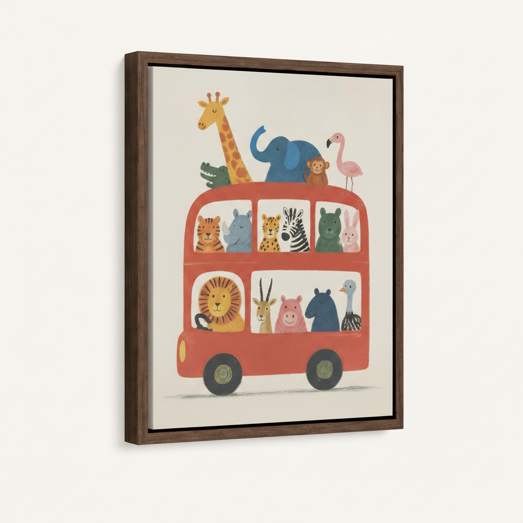  Safari animal bus canvas art in dark walnut float frame, 3/4 angle view on off-white background