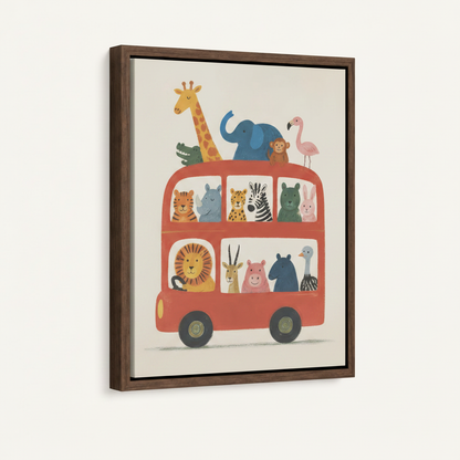  Safari animal bus canvas art in dark walnut float frame, 3/4 angle view on off-white background