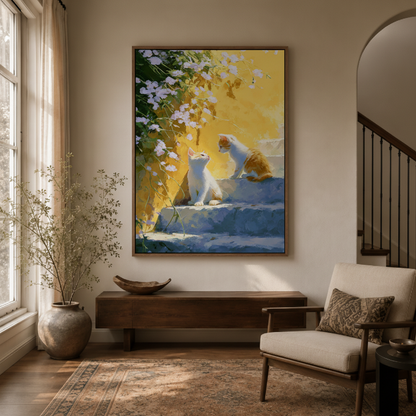 Rainbow cat sunlight canvas wall art in entryway – colorful impressionist oil painting as warm cheerful hallway statement piece by Aurewall