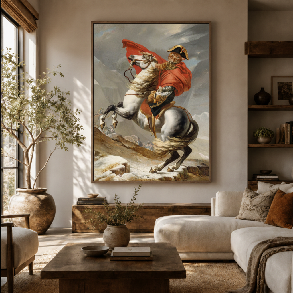 Napoleon crossing Alps canvas wall art in living room – classical oil painting with rearing white horse and red cape displayed as bold statement piece by Aurewall