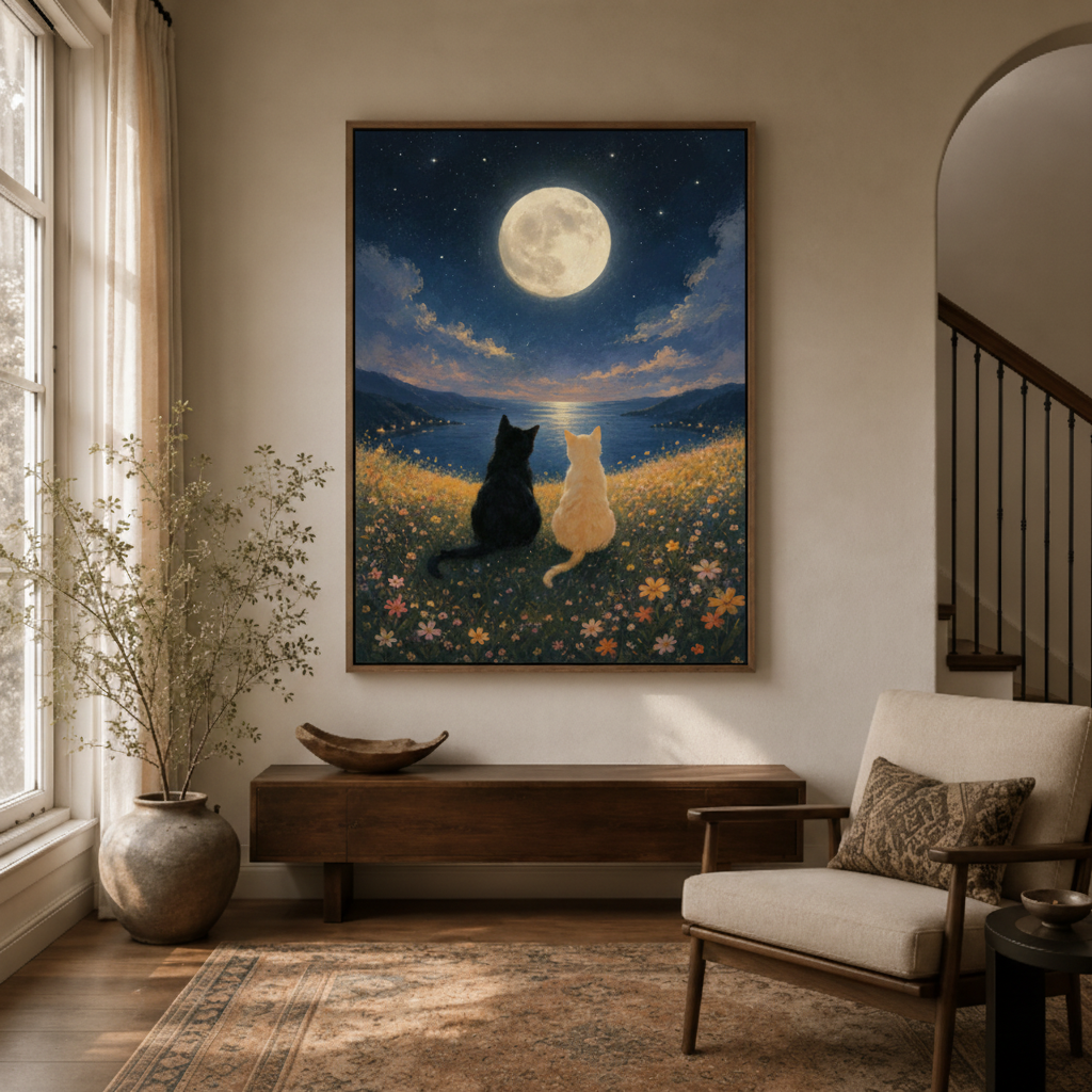 Black cat moon night sky canvas wall art in entryway – dreamy illustration with full moon and wildflowers as poetic hallway piece by Aurewall
