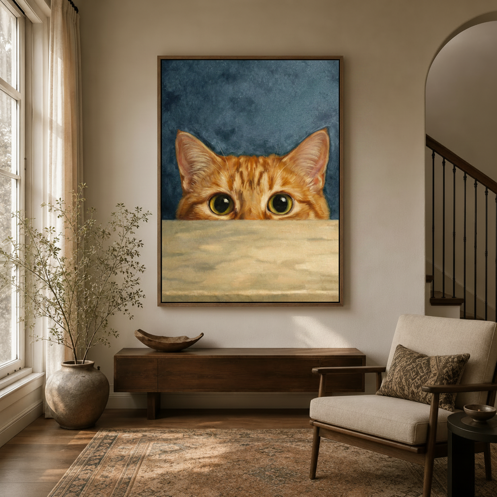  Orange tabby cat peeking over table edge oil painting hanging in neutral entryway with arched doorway