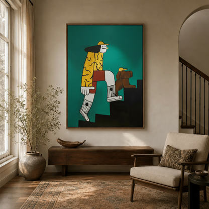 Bold cartoon figure climbing stairs with dog wall art hanging in a cozy entryway with arched doorway