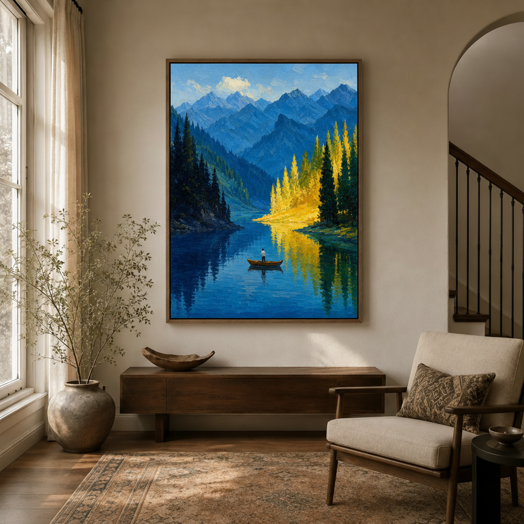 Blue and gold landscape wall art in dark walnut float frame hanging in cozy entryway with arched doorway