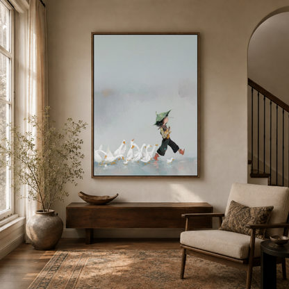 Goose herder zen minimalist canvas wall art in entryway – Japanese ink illustration with figure and white geese as serene meditative hallway wall accent by Aurewall