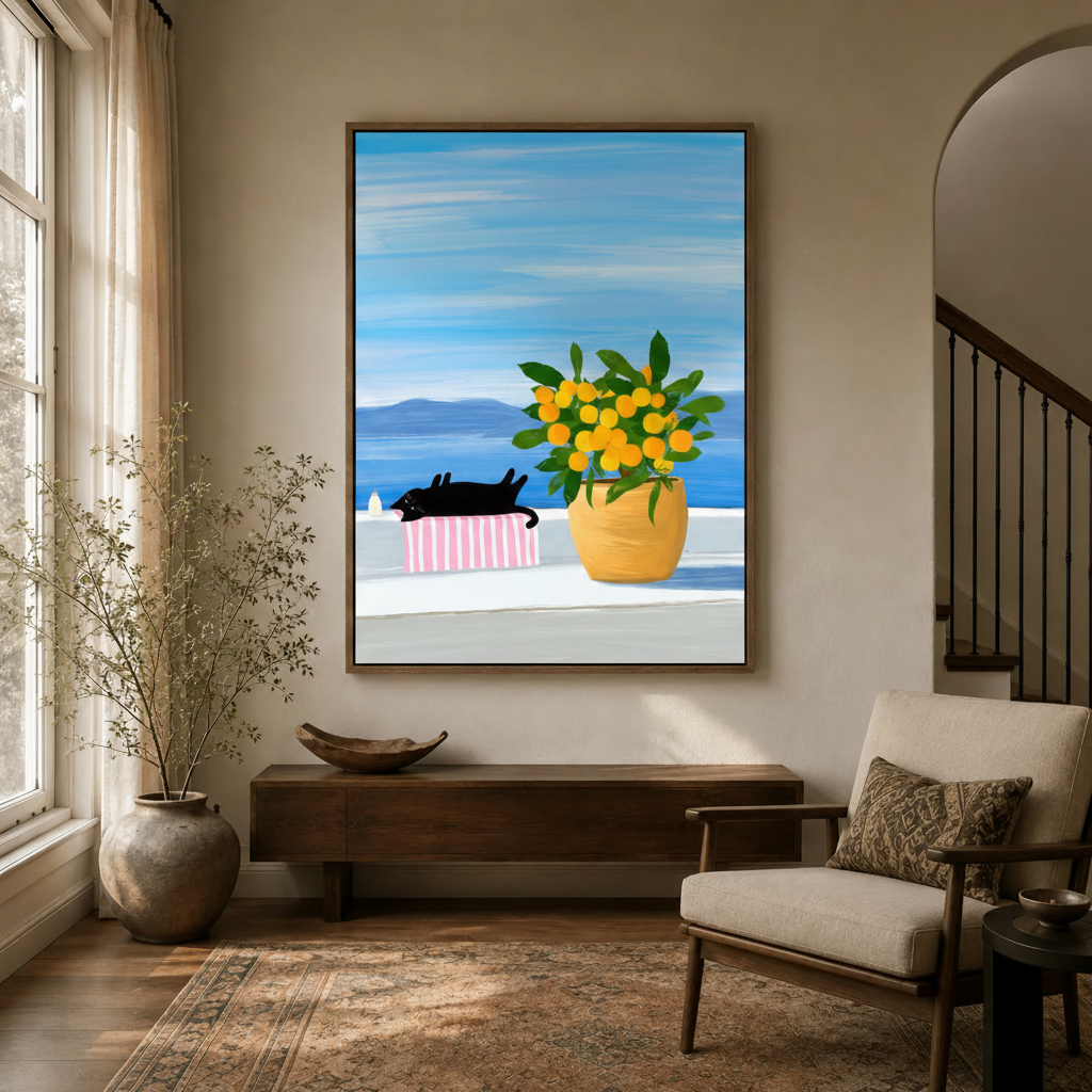 Cheerful cat and lemon tree illustration in float frame, entryway with arched doorway