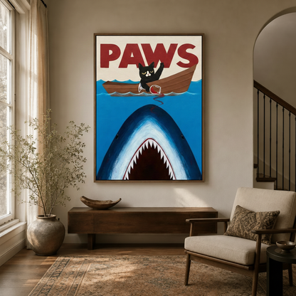 Vintage PAWS cat wall art hanging in a bright entryway with arched doorway and earthy decor