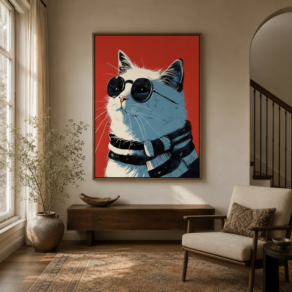 Retro cat in round sunglasses canvas in float frame, neutral entryway with arched doorway