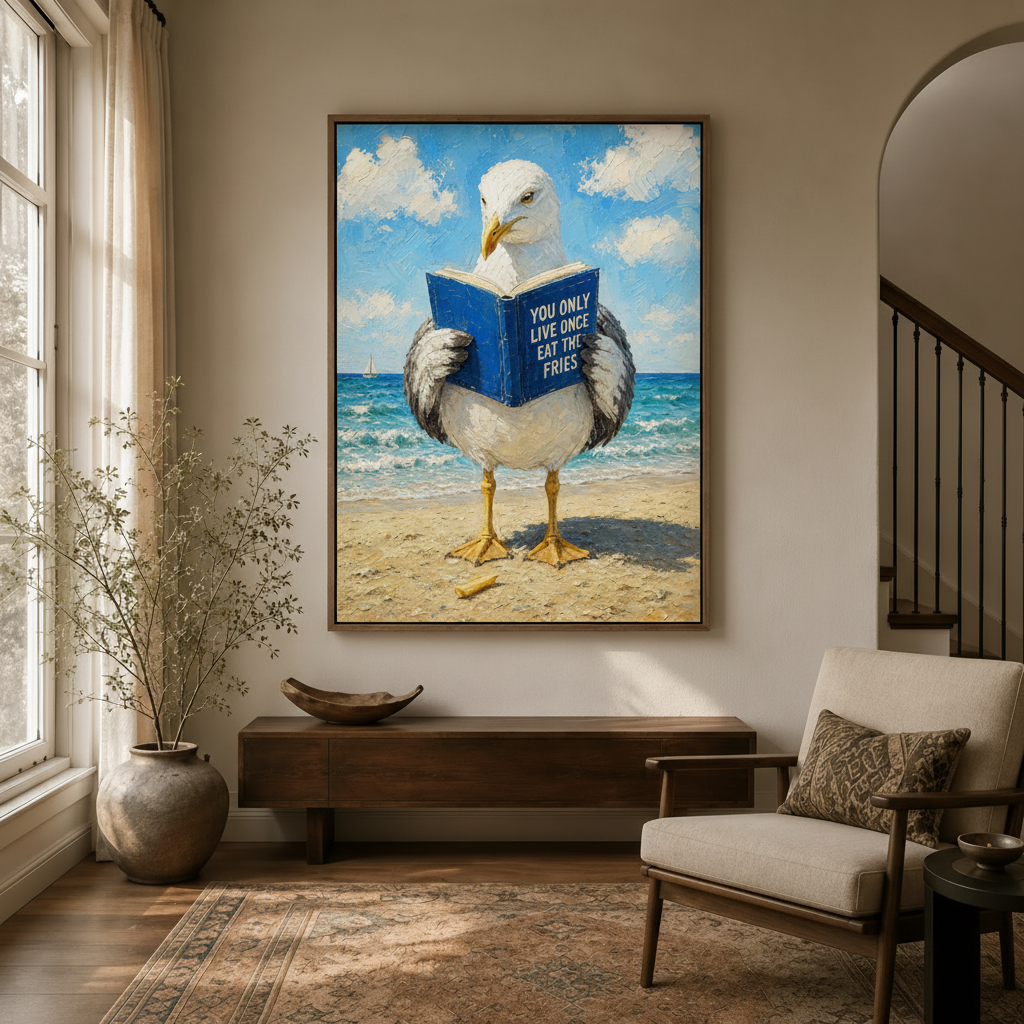 Whimsical seagull oil painting wall art hung in a bright entryway above a dark wood console table