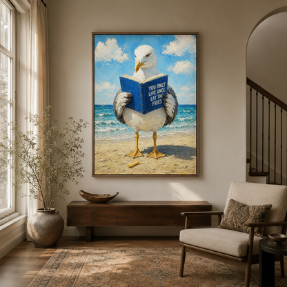 Whimsical seagull oil painting wall art hung in a bright entryway above a dark wood console table