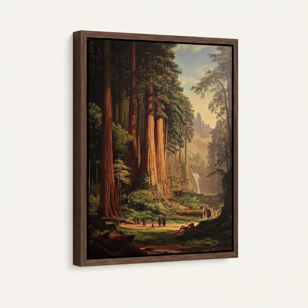 Redwood forest framed canvas wall art – classic oil painting with towering ancient sequoias and golden sunlight through forest canopy by Aurewall
