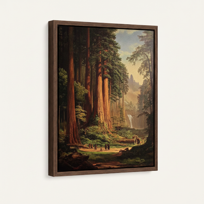 Redwood forest framed canvas wall art – classic oil painting with towering ancient sequoias and golden sunlight through forest canopy by Aurewall