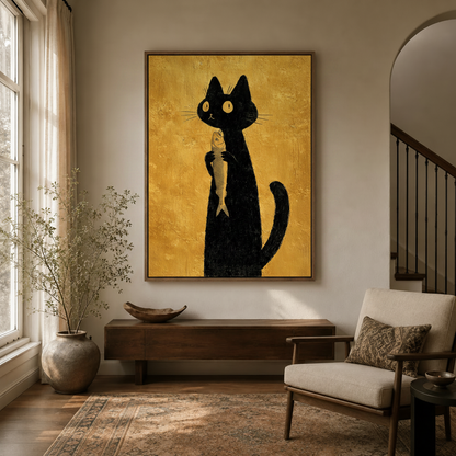Black cat with fish gold background wall art hanging in a bright transitional entryway with arched doorway