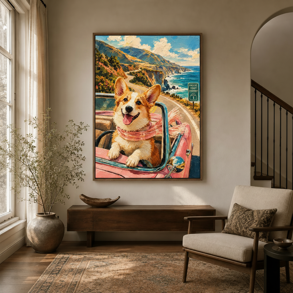  Smiling corgi in pink convertible wall art hanging in a cozy entryway with arched doorway