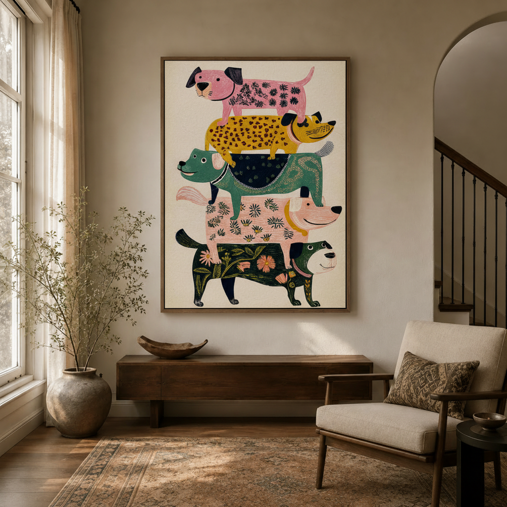 Colorful woodcut dog illustration canvas in float frame above entryway console table