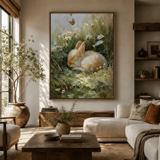 Classical bunny wall art with daisy meadow displayed in framed canvas above cream living room sofa