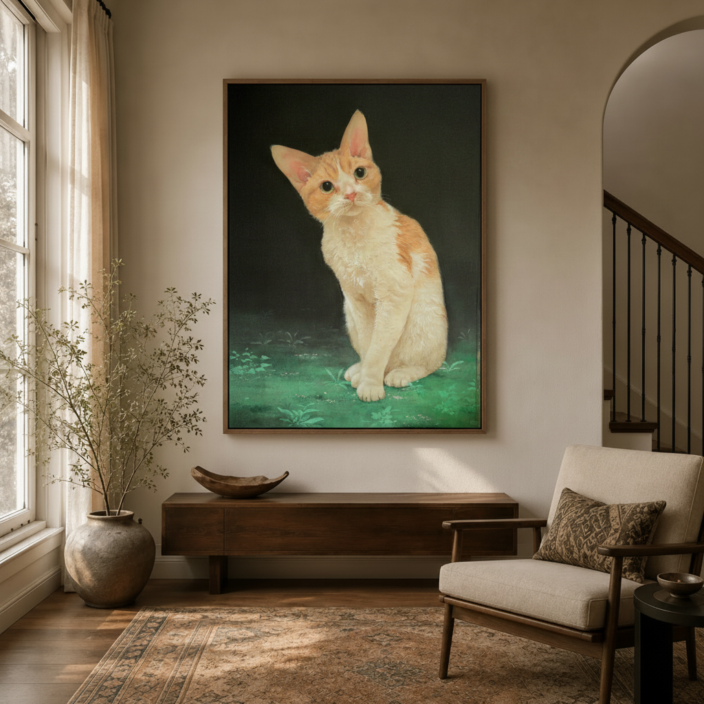 Detailed cat portrait canvas wall art hanging in modern farmhouse entryway with arched doorway and linen chair