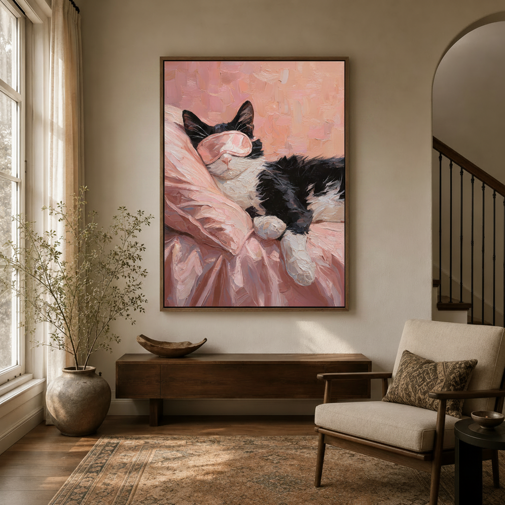 Tuxedo cat with pink sleep mask painting hanging in a bright hallway entryway with arched doorway