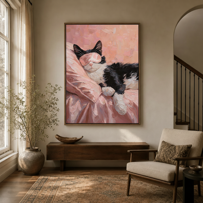 Tuxedo cat with pink sleep mask painting hanging in a bright hallway entryway with arched doorway