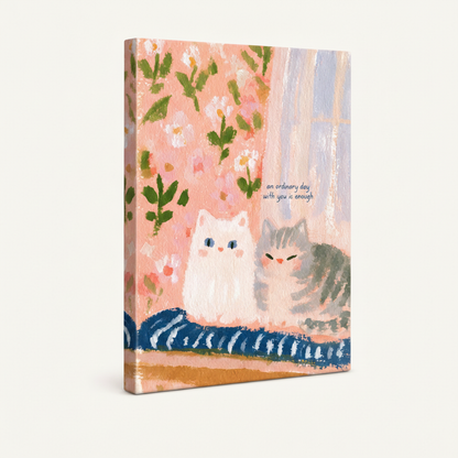 Stretched canvas wrap of whimsical cat illustration with floral background, white background