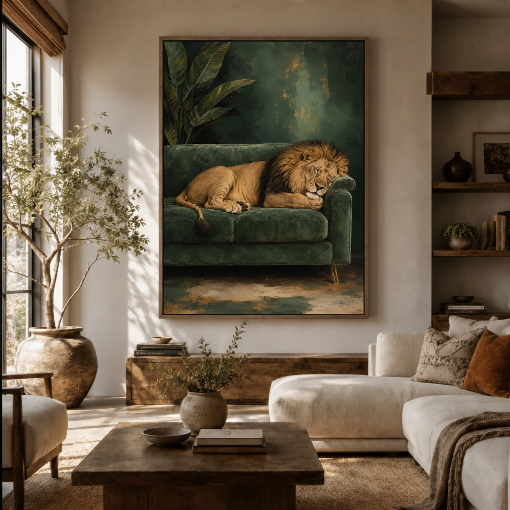 Lion on sofa canvas wall art in living room – funny classical wildlife oil painting displayed above sofa as bold statement piece by Aurewall