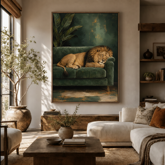 Lion on sofa canvas wall art in living room – funny classical wildlife oil painting displayed above sofa as bold statement piece by Aurewall