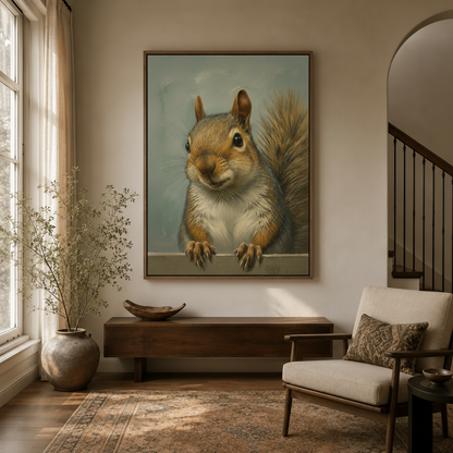 Framed squirrel portrait canvas print hanging in a bright entryway with arched doorway and wooden staircase