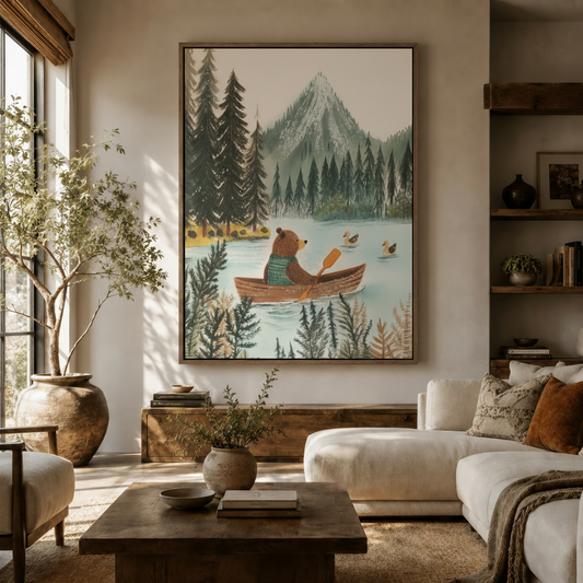 Whimsical bear rowing canvas print hanging in living room, storybook illustration style