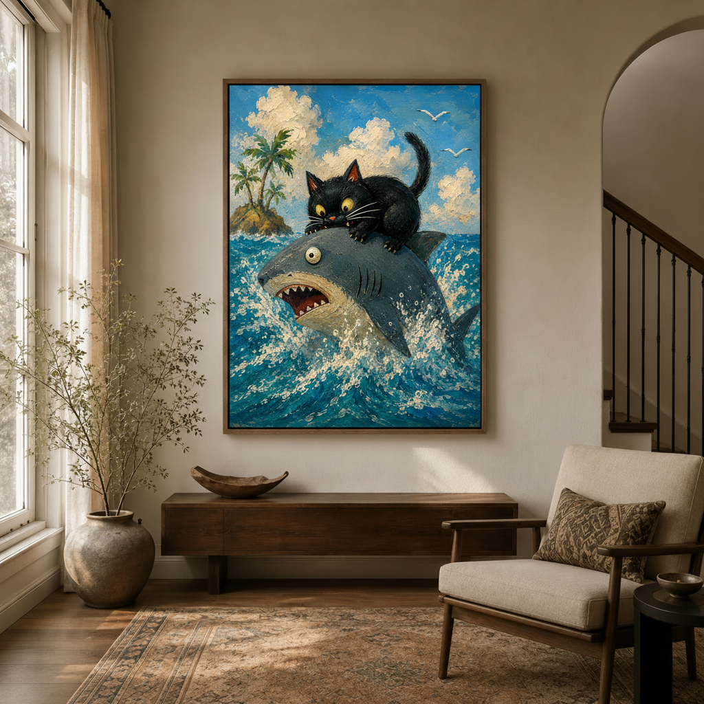 Whimsical cat shark canvas art hanging in a bright entryway with arched doorway and console table