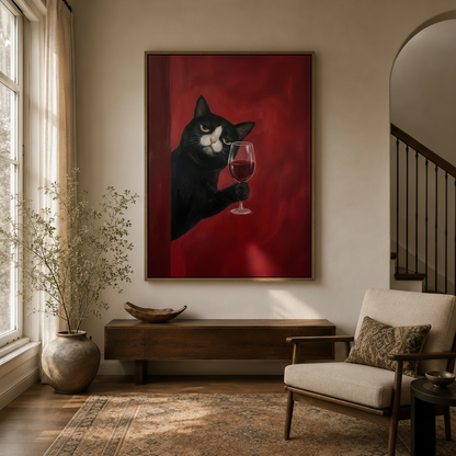 Funny tuxedo cat portrait canvas hanging in a bright hallway entryway