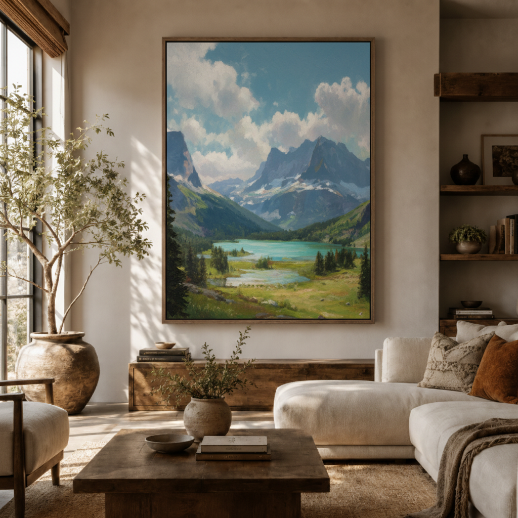 Mountain lake canvas wall art in living room – scenic nature landscape painting displayed above sofa by Aurewall
