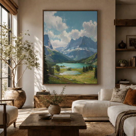 Mountain lake canvas wall art in living room – scenic nature landscape painting displayed above sofa by Aurewall