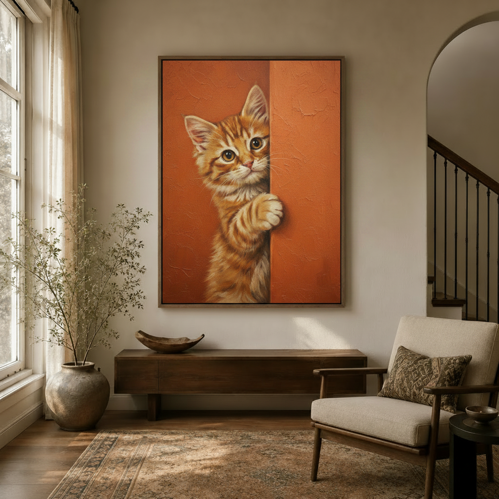 Cute kitten peeking canvas art in a sunlit entryway – terracotta-toned vintage cat painting for home decor