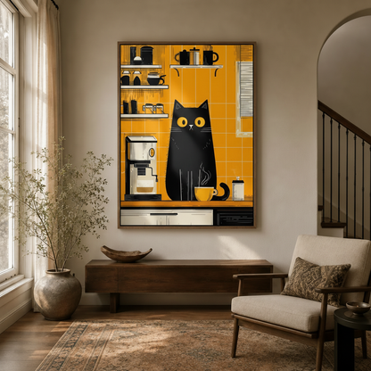 Bold black cat wall art in Art Deco style displayed in a cozy entryway with dried branch decor