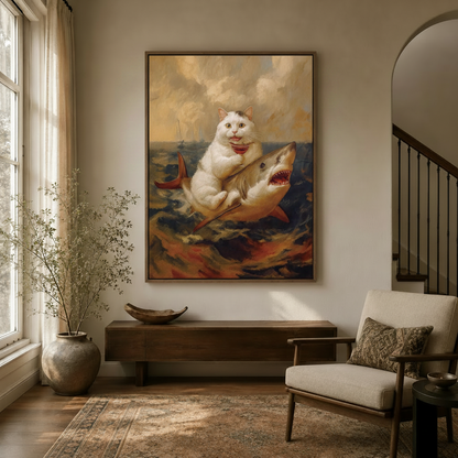 Funny cat canvas wall art displayed above a console table in a warm neutral-toned living room entryway