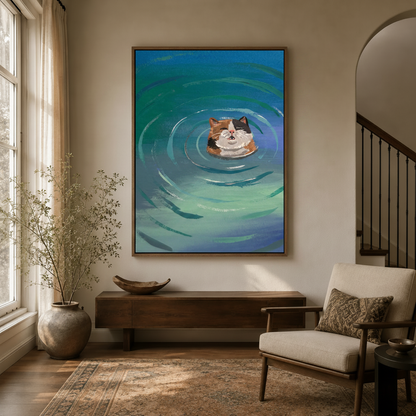 Calico cat floating in teal water illustration hanging in neutral entryway with arched doorway