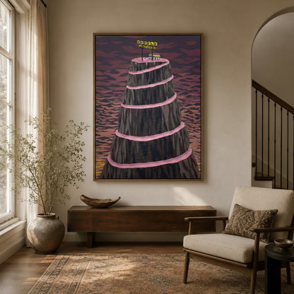 Surreal Americana canvas art hanging in neutral entryway with arched doorway and wooden console