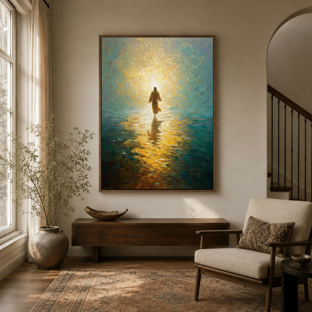  Large spiritual Jesus canvas in floating frame hung in a bright entryway with golden light compositioncomposition
