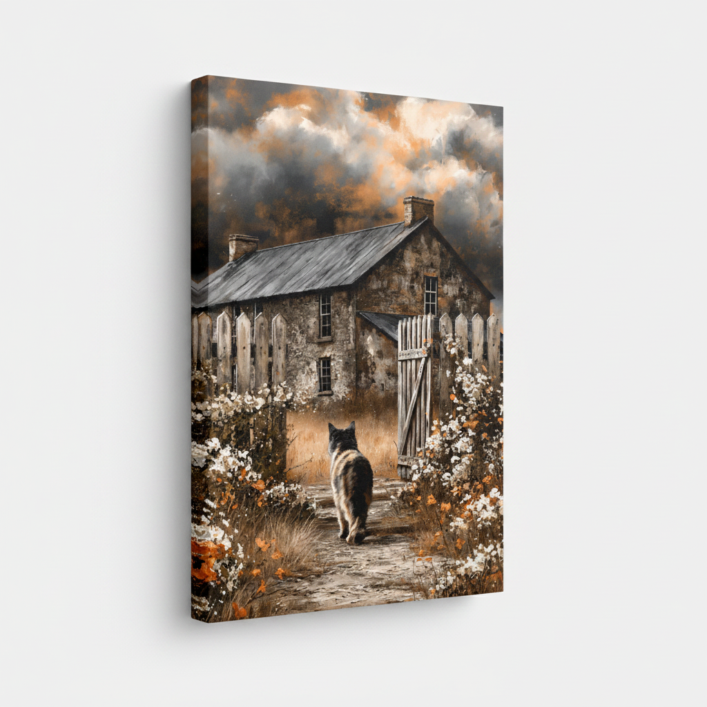 Rustic black cat cottage garden stretched canvas print – unframed English countryside oil painting with black cat among white wildflowers and stone cottage by Aurewall