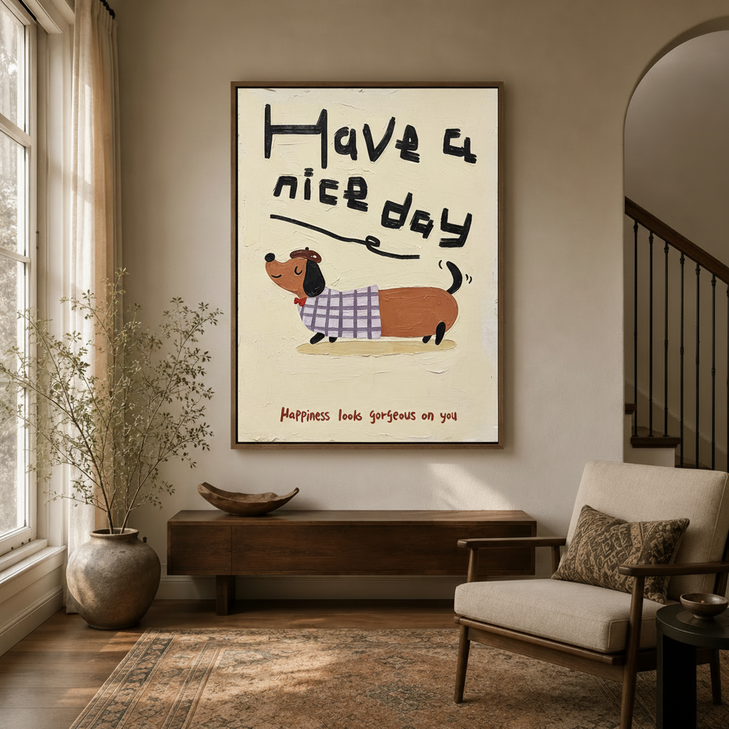 Have a nice day dog wall art in dark walnut float frame hanging in cozy entryway with arched doorway