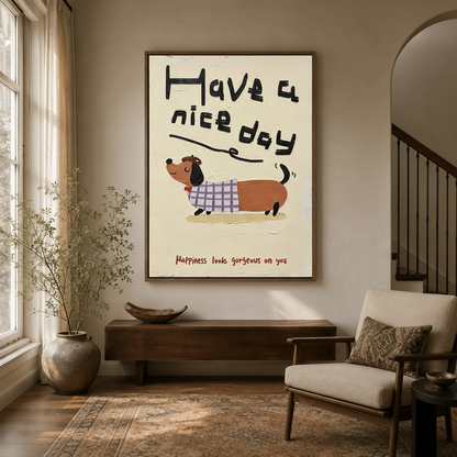 Have a nice day dog wall art in dark walnut float frame hanging in cozy entryway with arched doorway