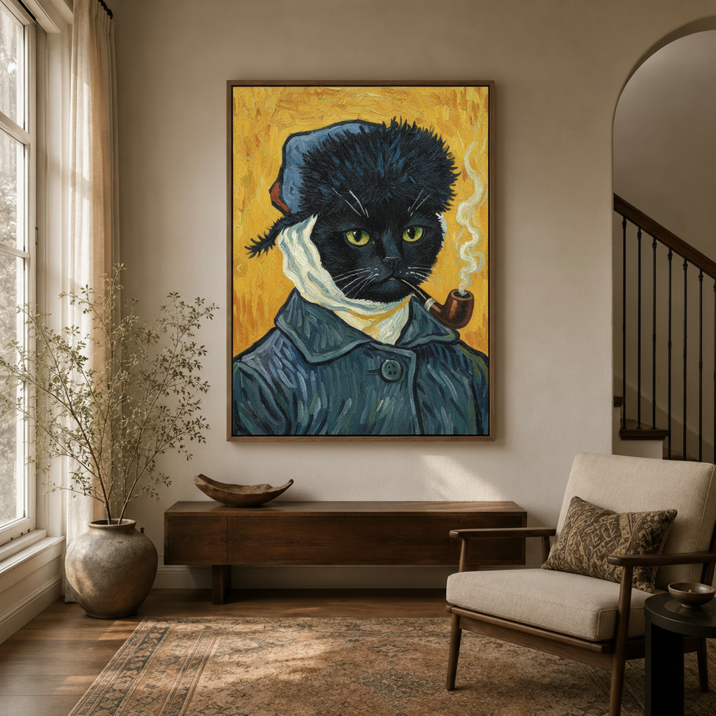 Framed impressionist black cat canvas print hanging in a cozy entryway with arched doorway