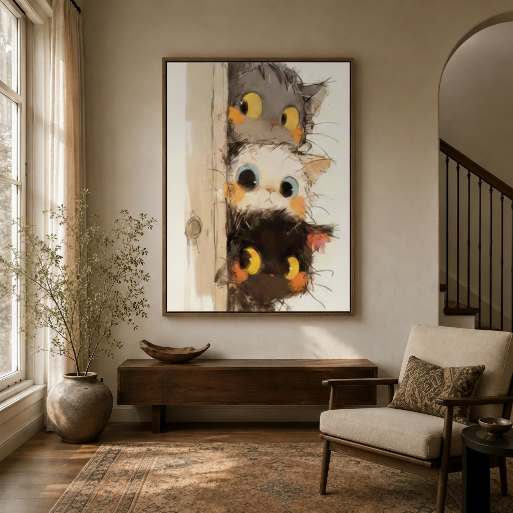 Whimsical stacked cats wall art in dark walnut floater frame in a warm entryway with large window