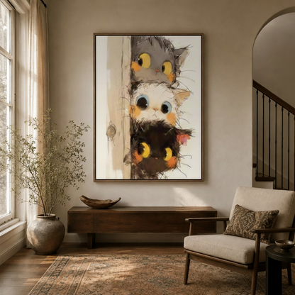 Whimsical stacked cats wall art in dark walnut floater frame in a warm entryway with large window