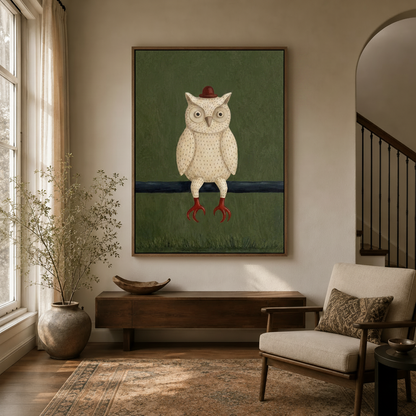 Vintage illustration owl painting hanging in a bright hallway entryway with arched doorway