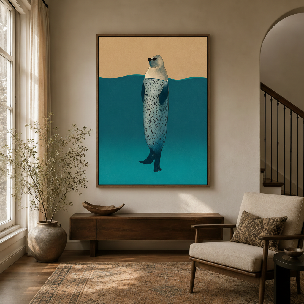 Cool ocean wall art in dark walnut float frame hanging in cozy entryway with arched doorway
