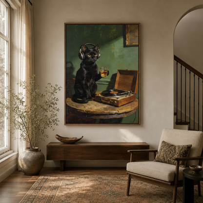 Framed black cat canvas print hanging in modern farmhouse entryway with wooden console and arched doorway